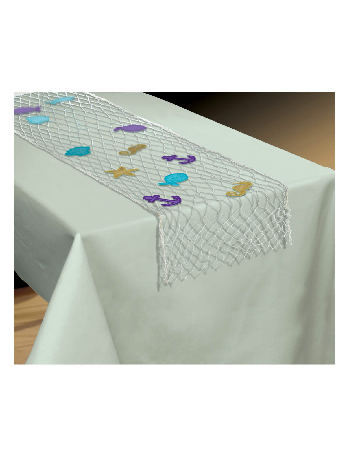 Chemin de table filet de pêche sirène blanc décoré de motifs marins colorés