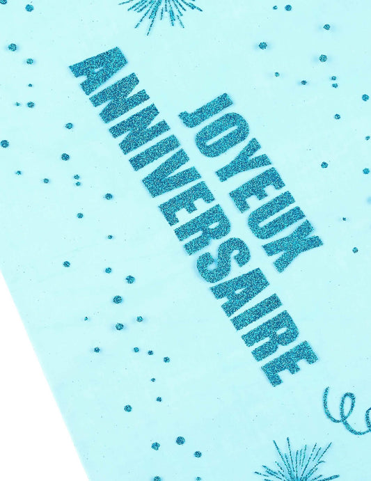 Détail de l'inscription à paillettes du chemin de table organza joyeux anniversaire