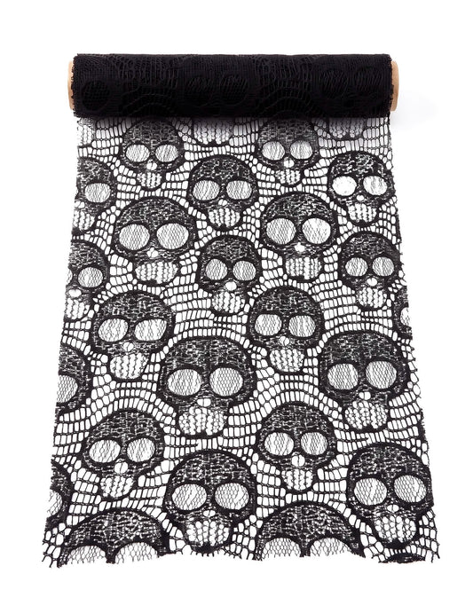 Chemin de table tête de mort en dentelle noire 28 cm x 3 m