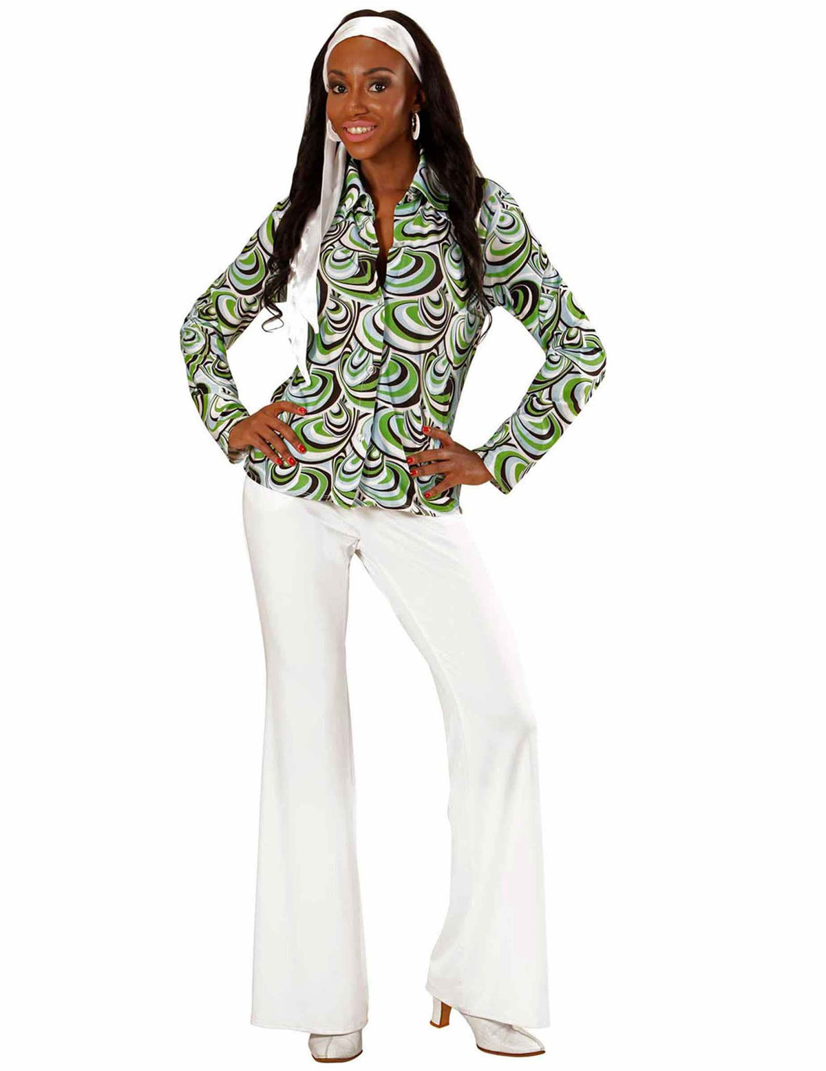 Chemise groovy waves années 70 pour femme verte et noire à motifs vagues