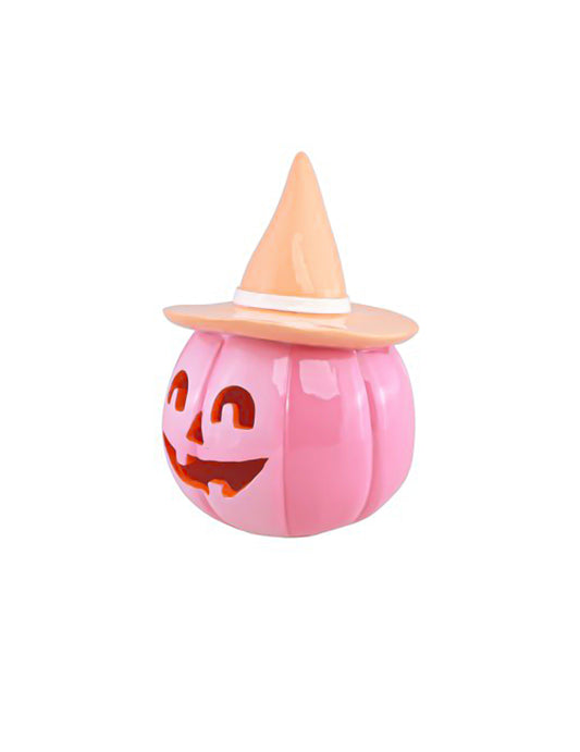 Citrouille en résine rose avec chapeau orange pastel 17 cm