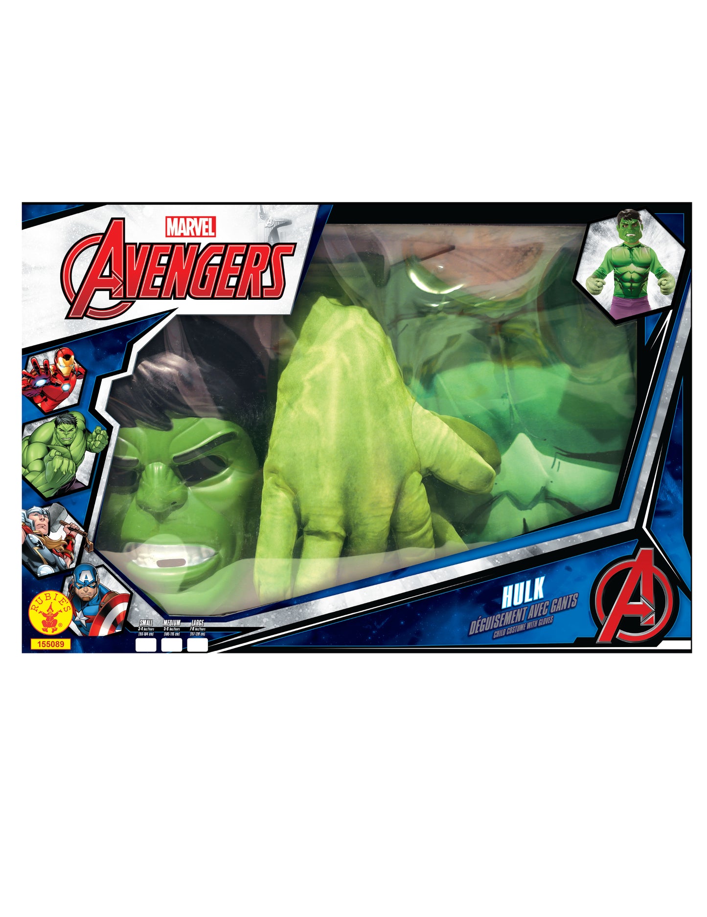 Vue du packaging avec masque et gants du coffret classique Hulk avec gants géants pour garçon