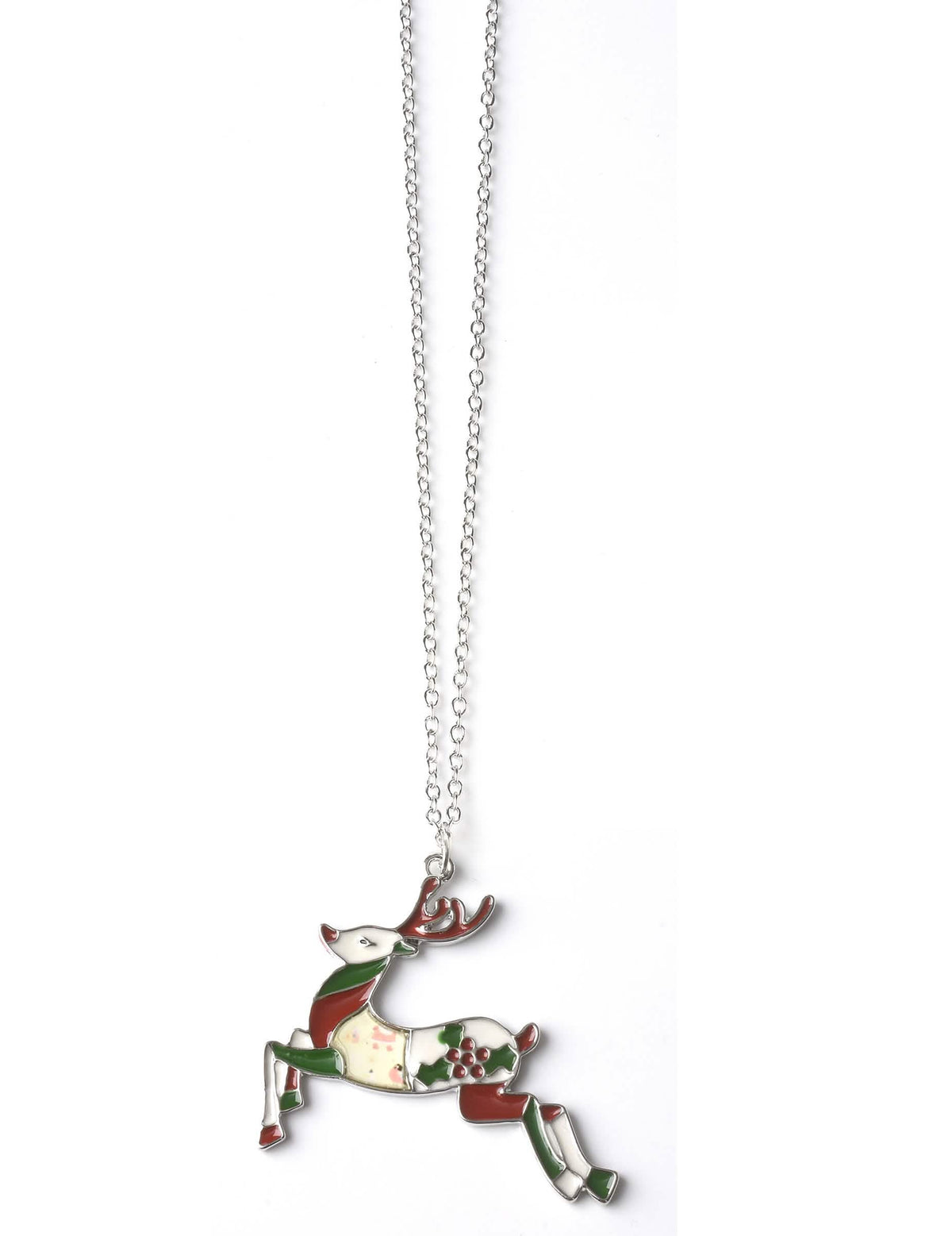 Collier fantaisie renne de Noël pour adulte argenté avec pendentif rouge et vert