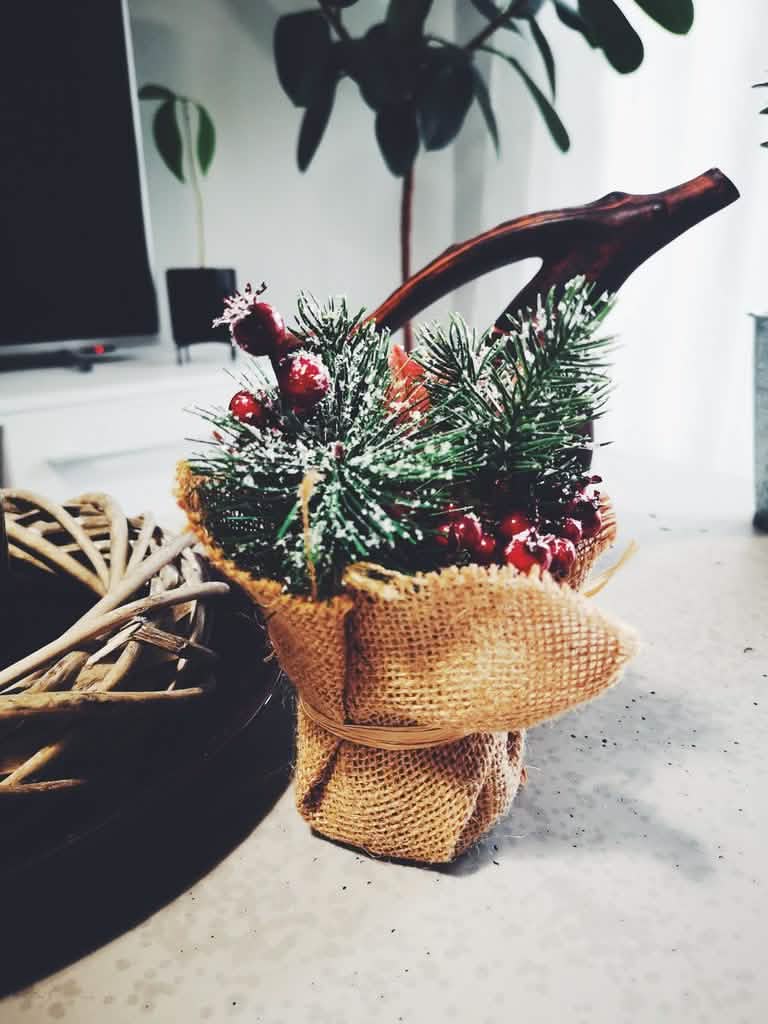 Détail du pot en toile de jute de la composition de Noël baies rouges et sapin enneigés