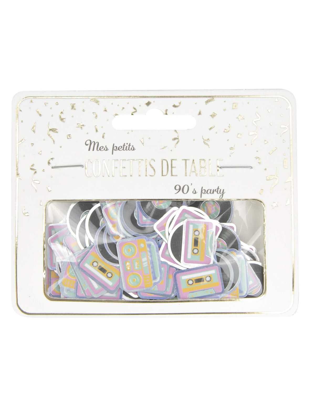 Vue de l'emballage du confettis de table cassettes et vinyles années 90