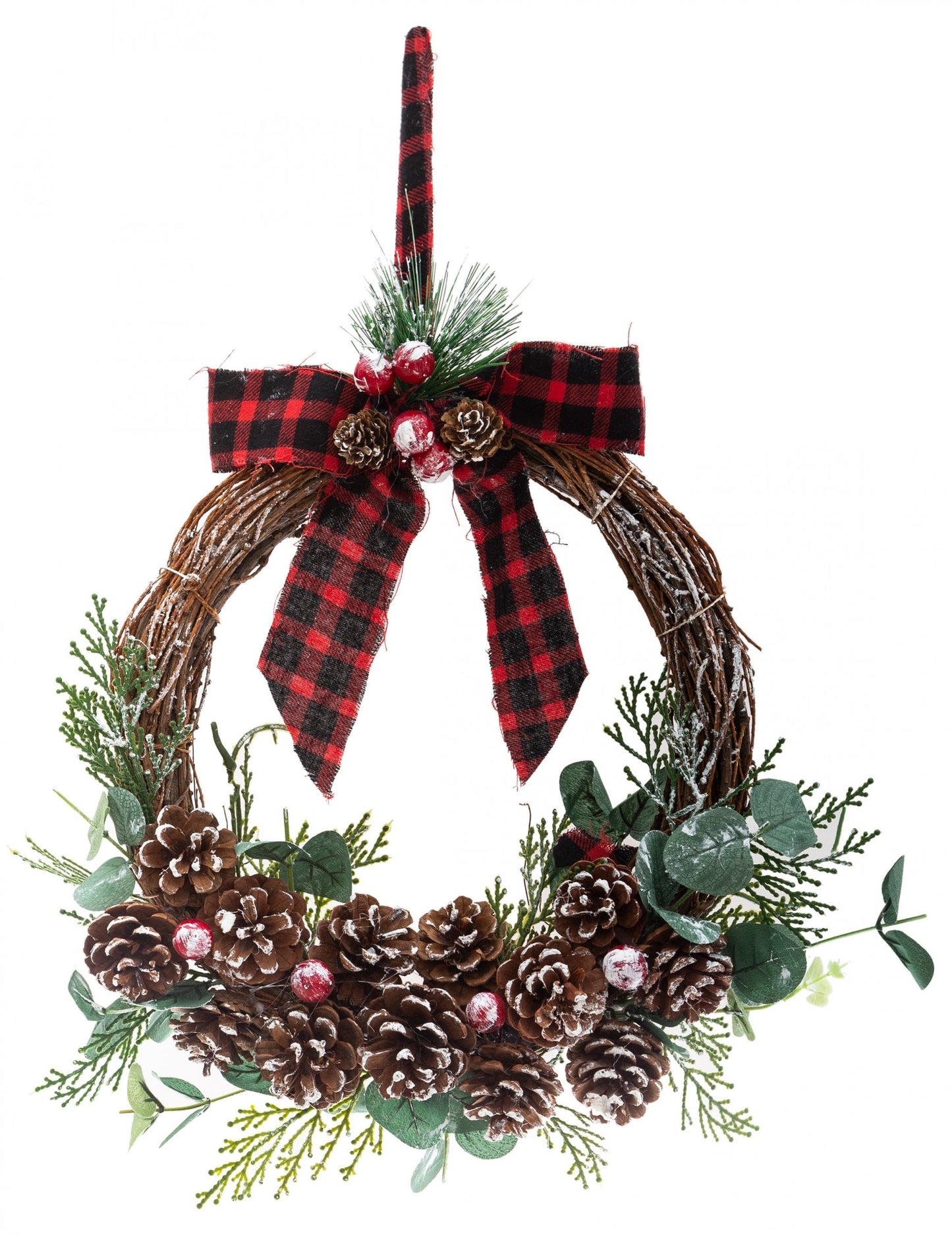 Couronne à suspendre nœud tartan et pommes de pin pour décoration rouge et verte avec eucalyptus et baies