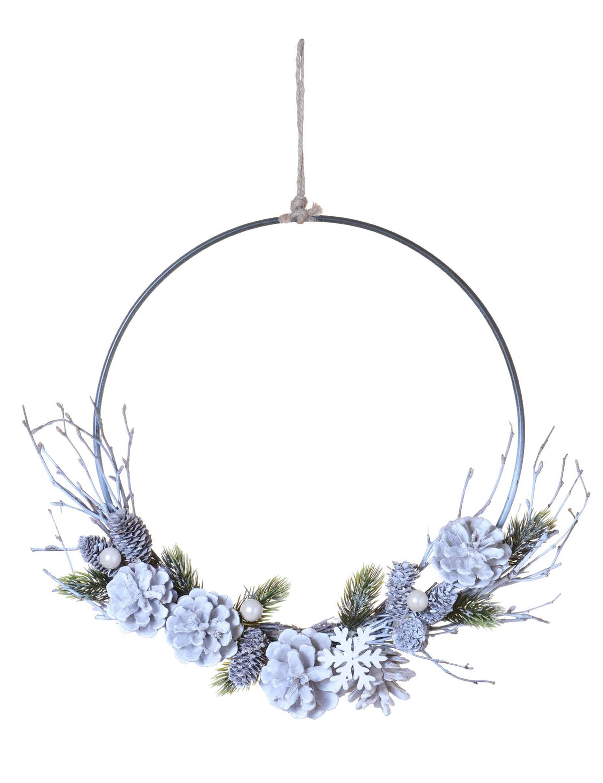Couronne à suspendre Noël polaire pour décoration avec pommes de pin givrées