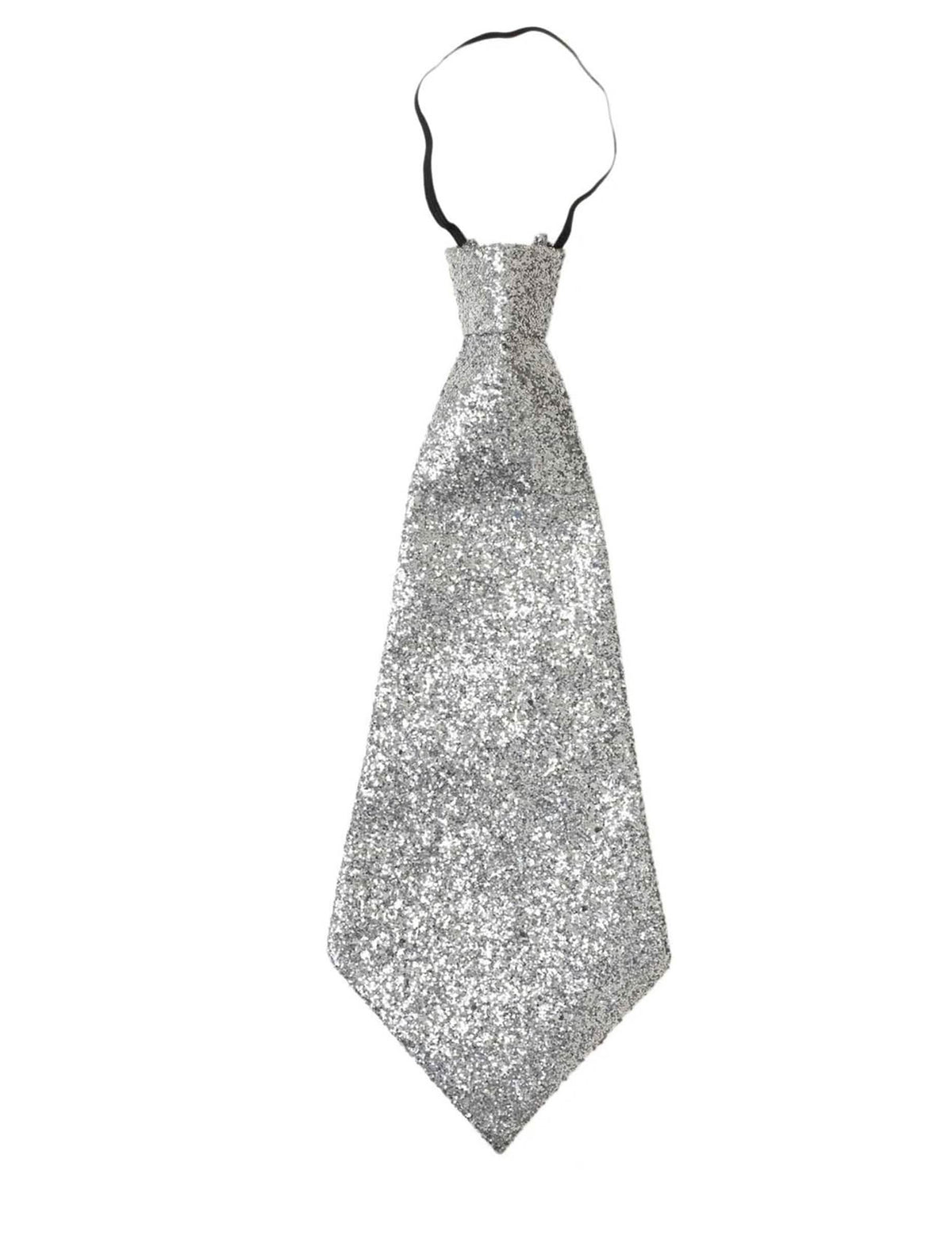 Détail de l'élastique de la cravate à paillettes pour adulte argent