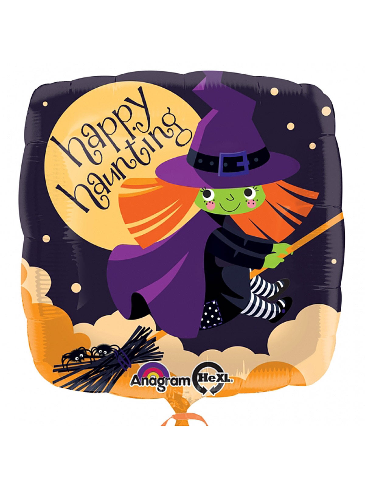 Ballon aluminium sorcière pour Halloween violet et orange avec inscription Happy Haunting