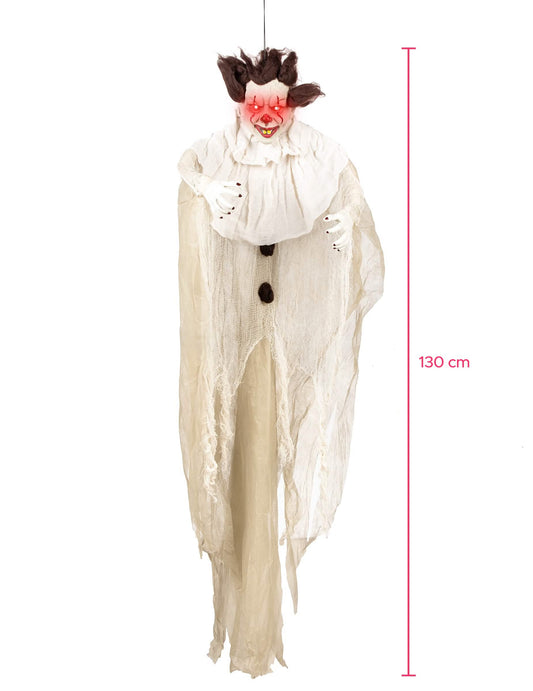 Hangende clown-moordenaarversiering voor halloween wit met rode lichtgevende ogen