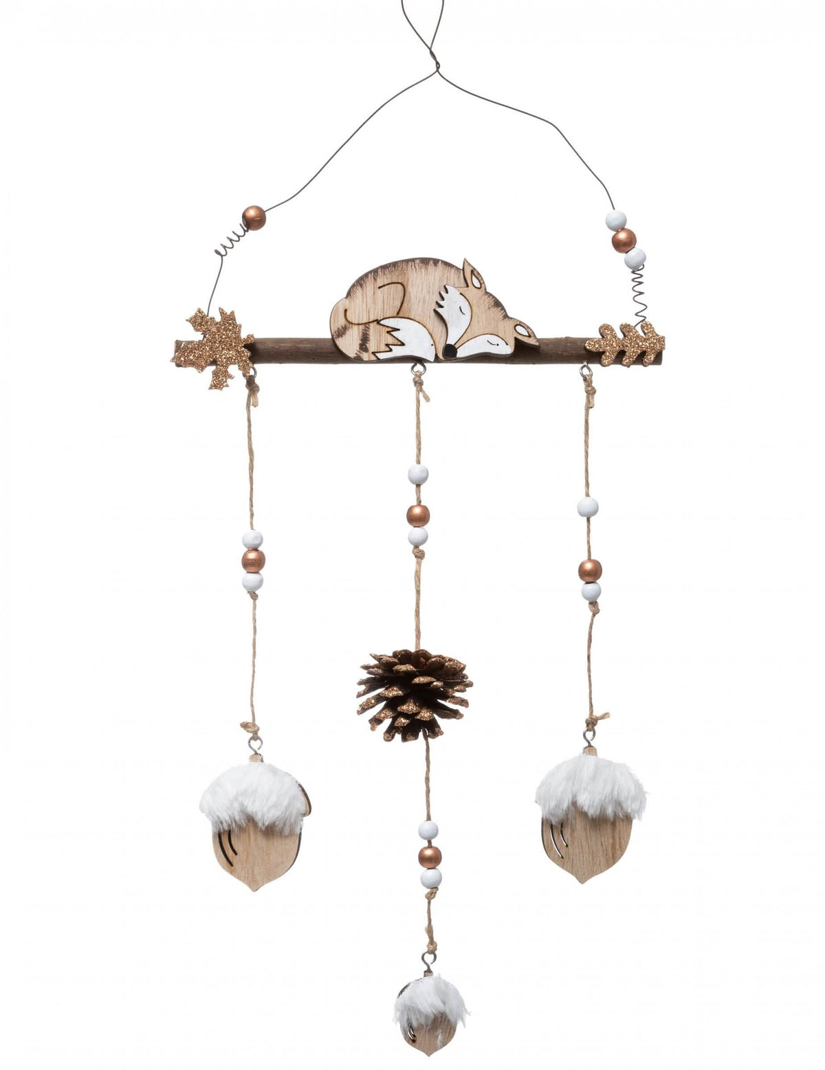 Hangende decoratie van hout met vos, witte kwastjes en dennenappel