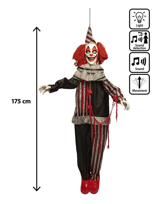 Geanimeerde hangende decoratie kwaadaardige clown met lach en beweging 175 cm