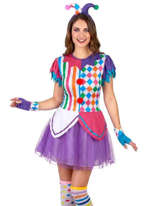 Déguisement arlequin pompons colorés femme