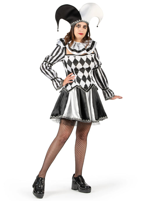 Déguisement bouffon diabolique noir et blanc femme