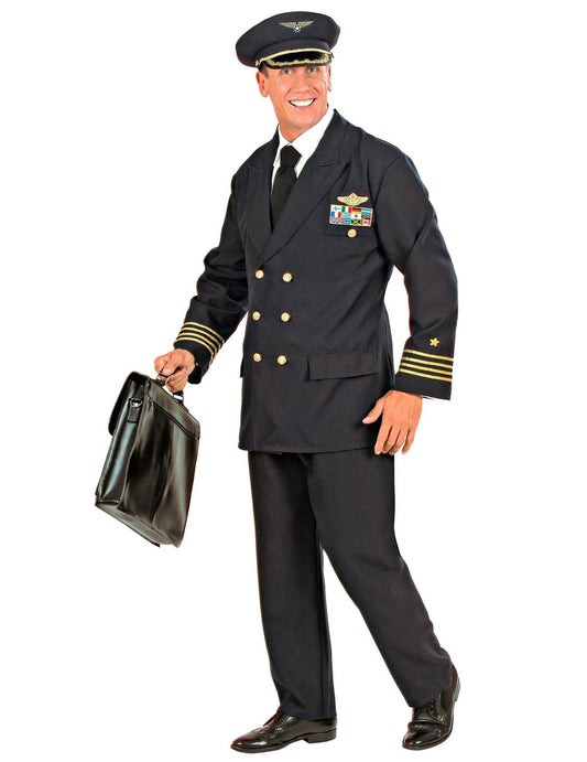 Déguisement capitaine d'avion pour homme bleu marine avec galons dorés et casquette