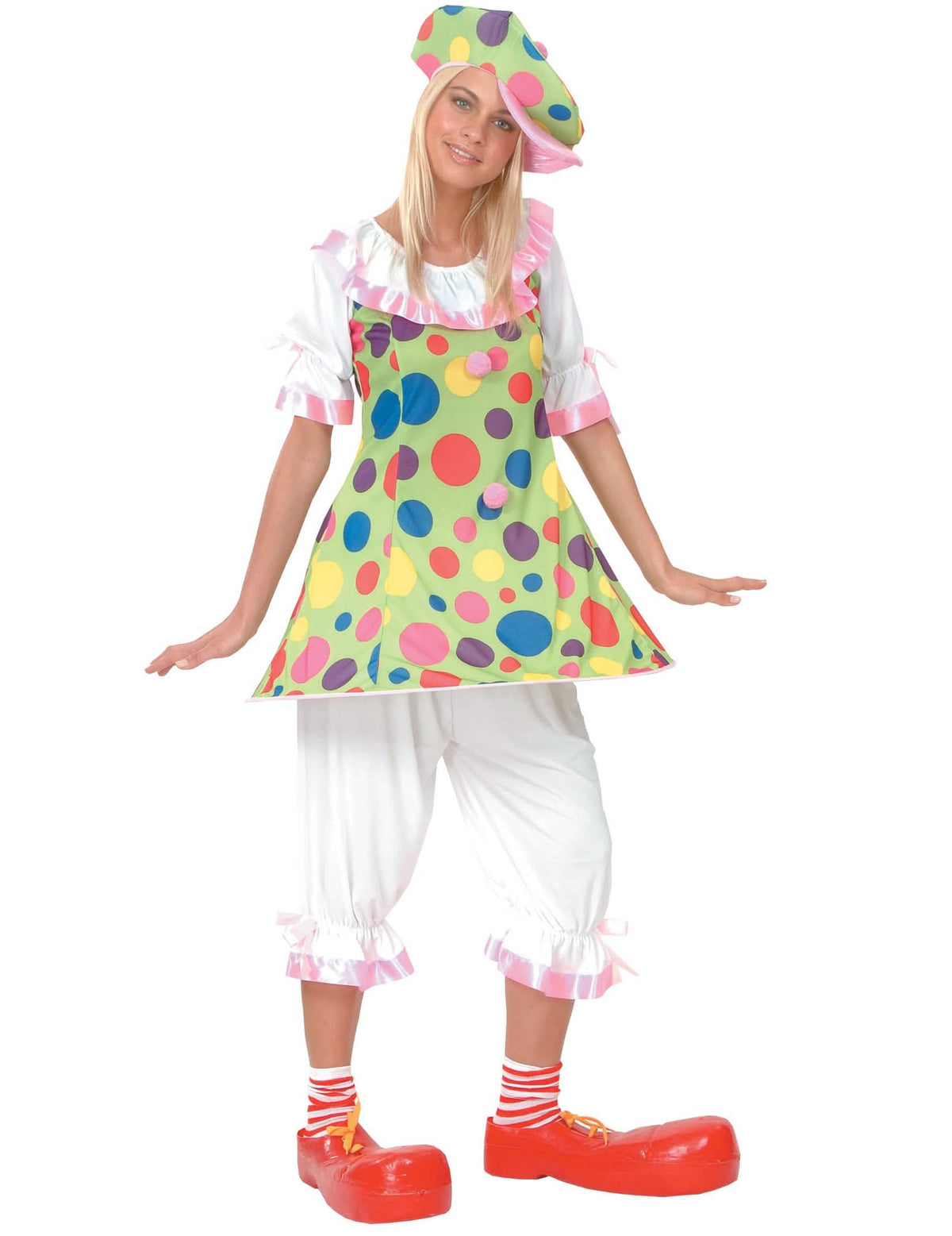 Déguisement de clown à pois colorés pour femme vert et blanc avec chapeau