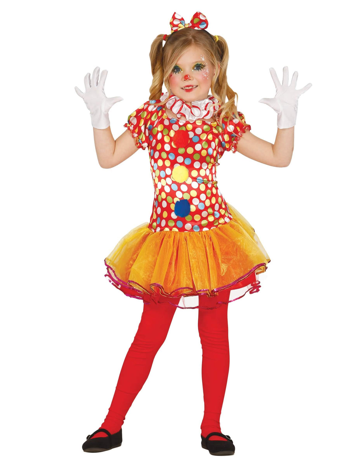 Clownkostuum multicolor met tutu voor meisjes, rood met stippen en oranje onderrok