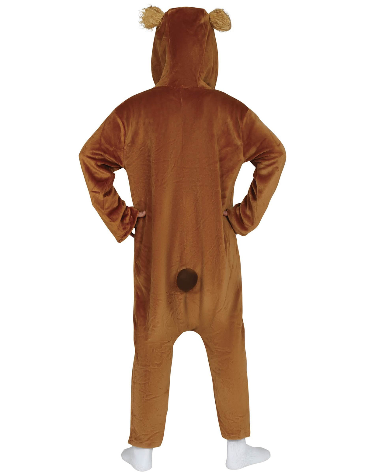 Achteraanzicht van het beer bruine kostuum jumpsuit