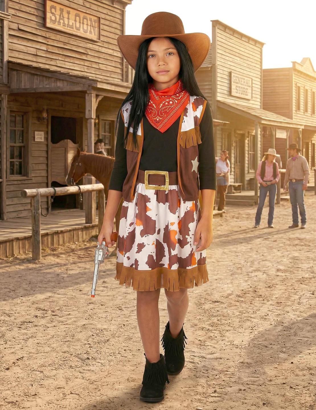Vooraanzicht in een westerndecor van het western cowboy kostuum van het westen