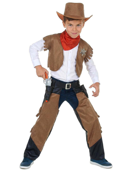 Vue de face du déguisement de cowboy pour garçon marron