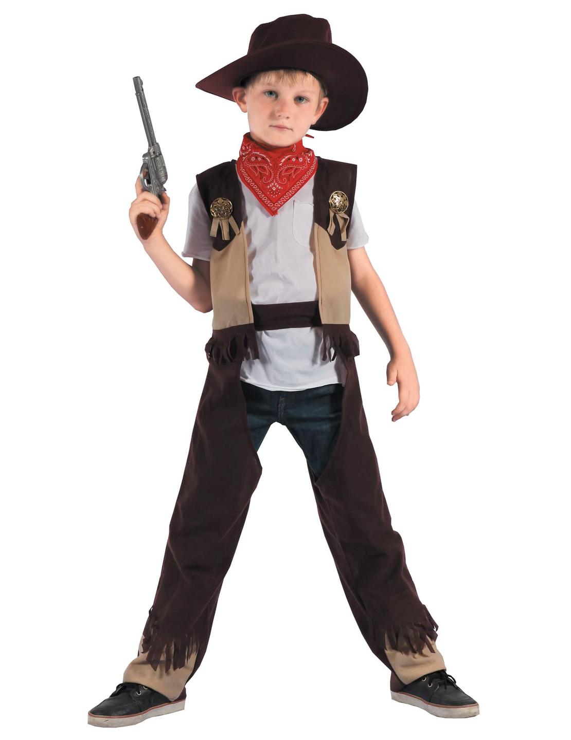 Déguisement Cowboy rodéo pour garçon marron et beige avec chapeau et bandana rouge