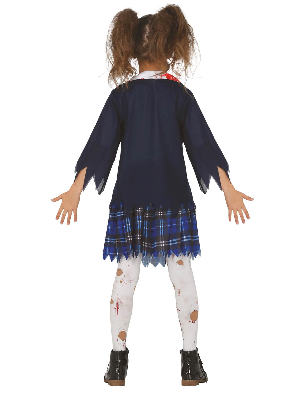 Achteraanzicht van het zombie schoolmeisjeskostuum voor meisjes