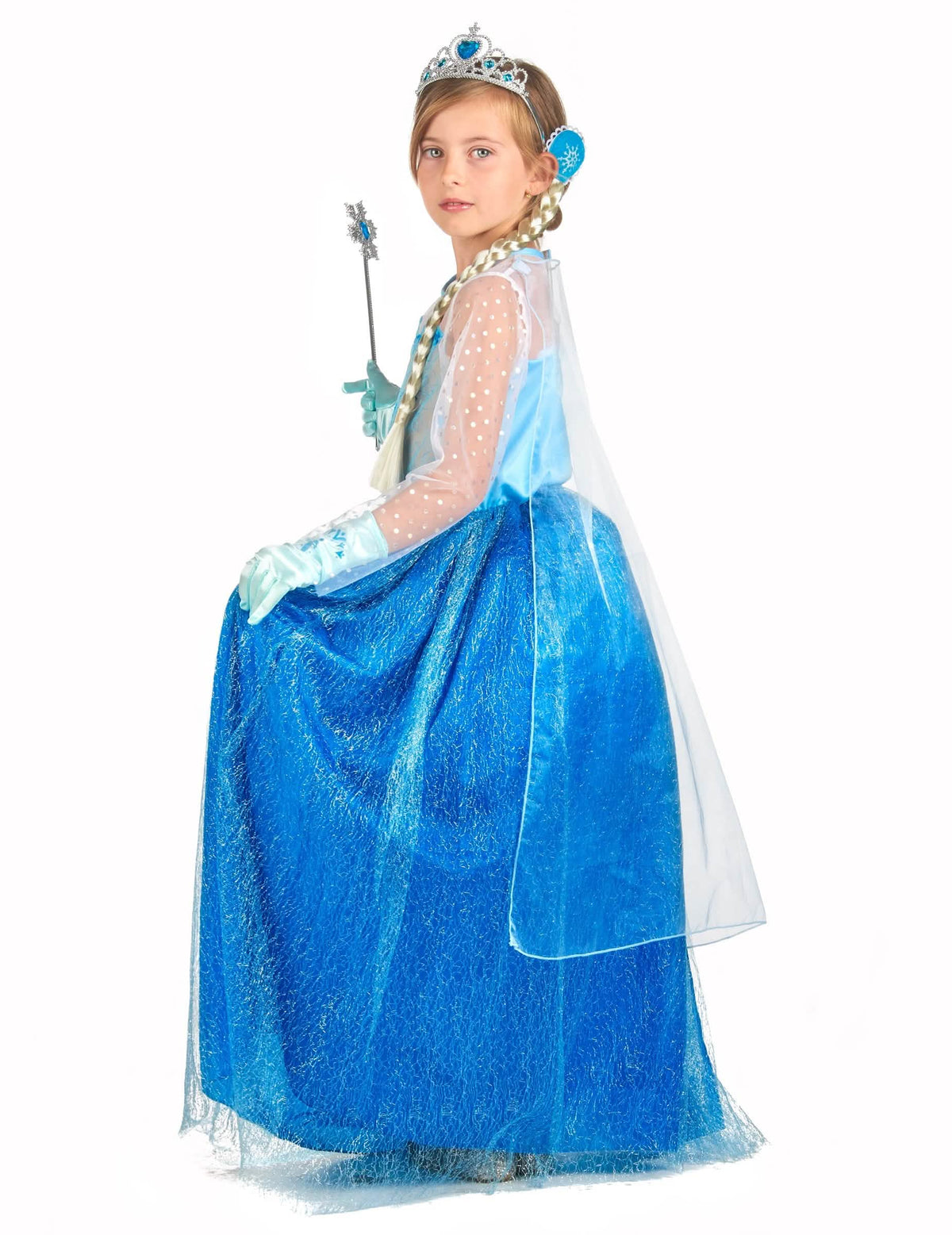 Zicht van opzij van de prinsessenverkleedkleding en accessoires van ijsprinses