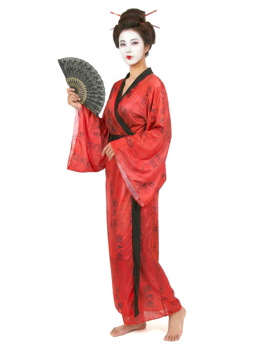 Déguisement de geisha pour femme kimono rouge à motifs calligraphiques noirs