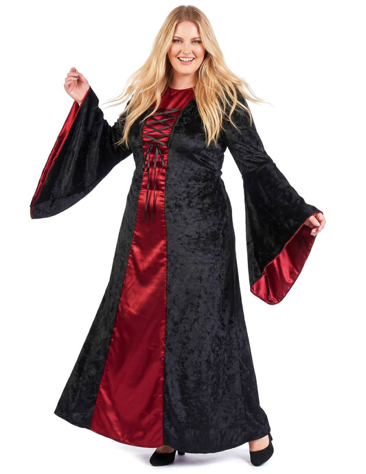 Déguisement grande taille gothique à capuche rouge et noir femme