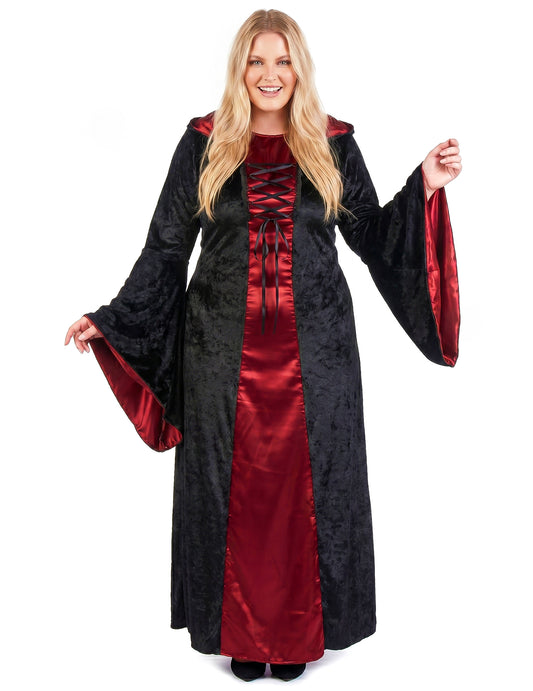 Déguisement grande taille gothique à capuche rouge et noir femme