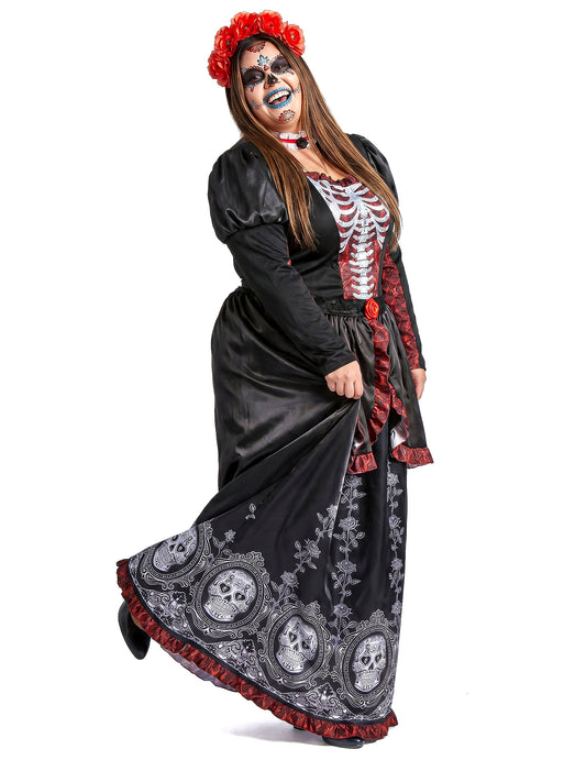 Dia de los muertos lange dameskostuum in grote maten