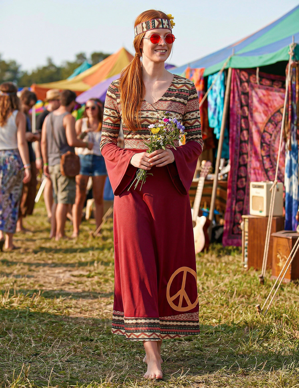 Bordeaux rood hippie kostuum voor vrouwen