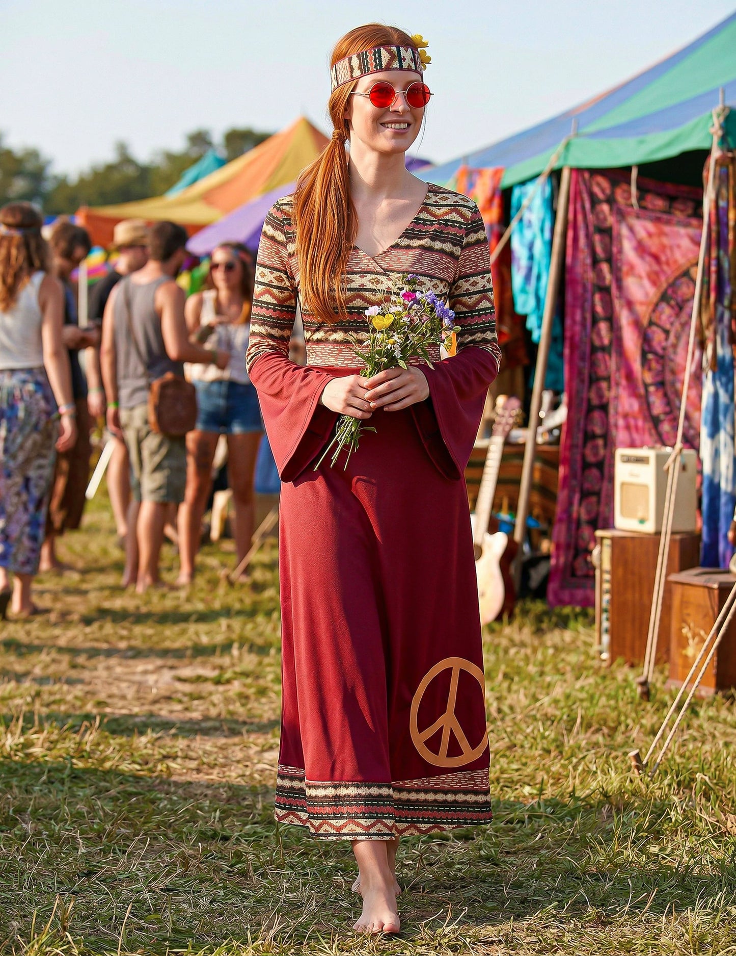 Bordeaux rood hippie kostuum voor vrouwen