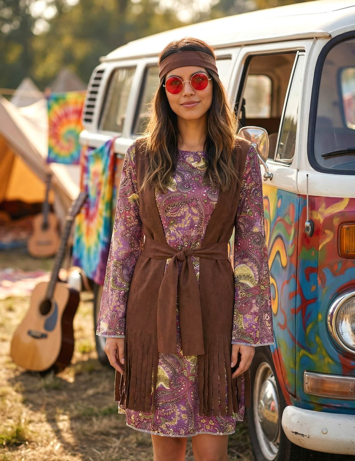 Mise en situation du déguisement hippie motif paisley pour femme