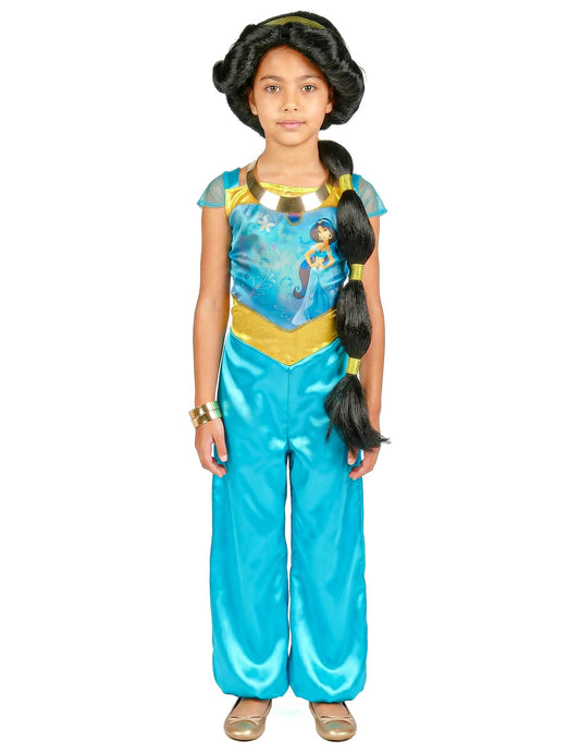 Vue de face avec perruque et accessoires du déguisement de Jasmine™ pour enfant