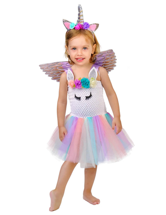 Déguisement licorne fleurie pastel pour fille multicolore avec ailes et serre-tête