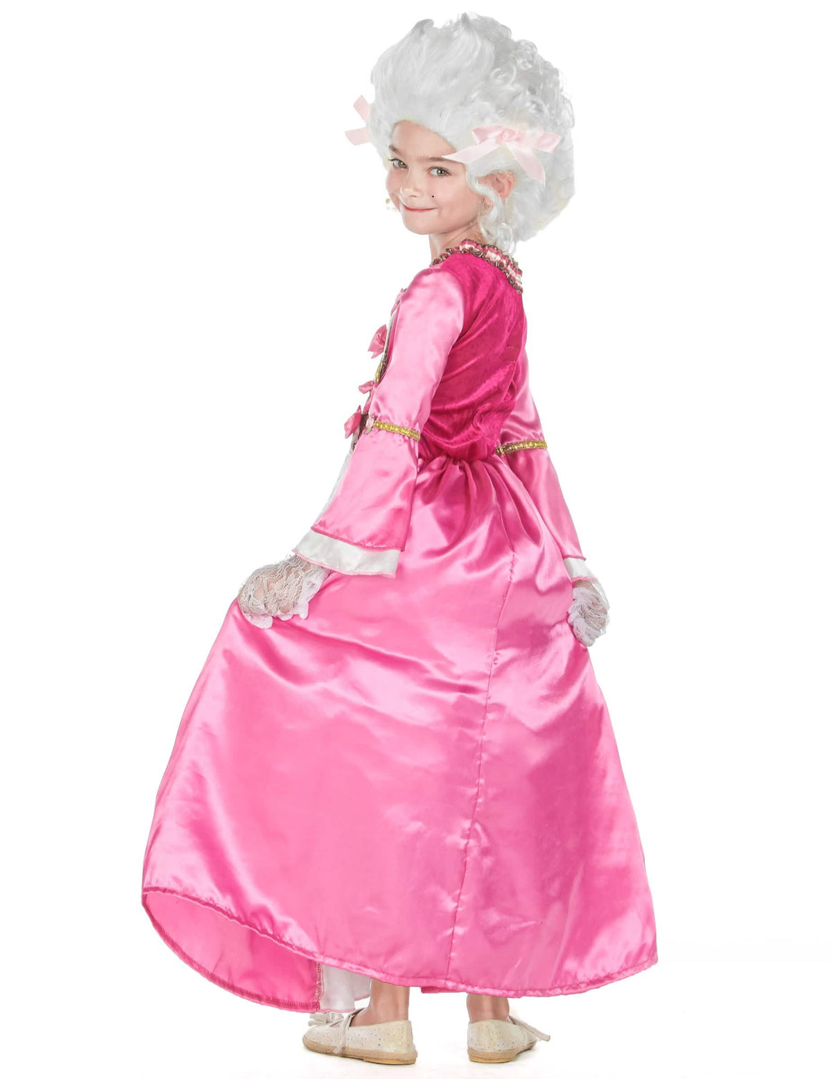 Achteraanzicht van de roze jurk van het Marie-Antoinette kostuum voor kinderen