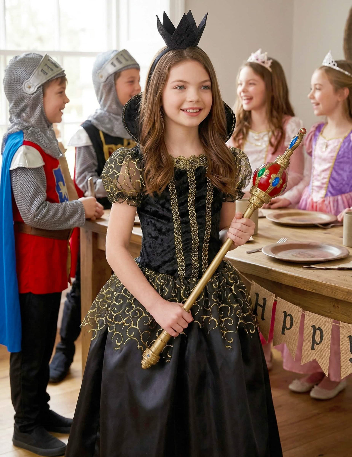 Mise en situation lors d'un anniversaire du déguisement de méchante reine pour fille