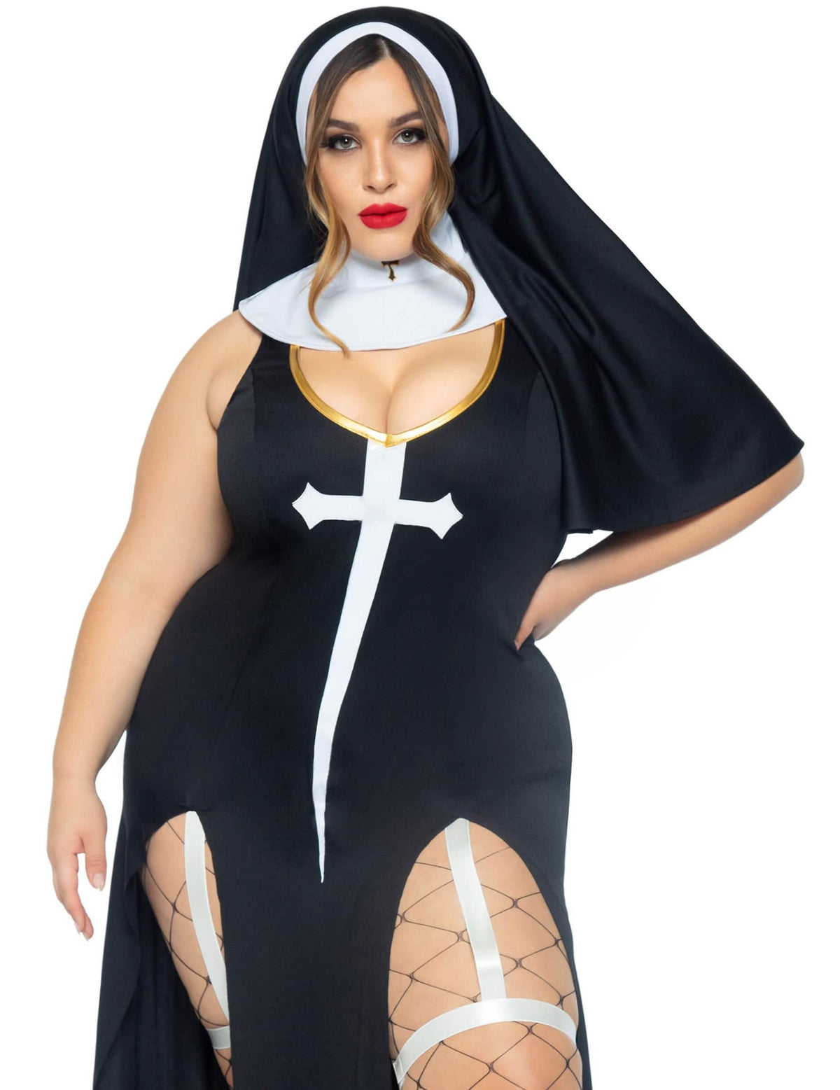 Gros plan sur le buste et le voile du déguisement de nonne sexy pour femme