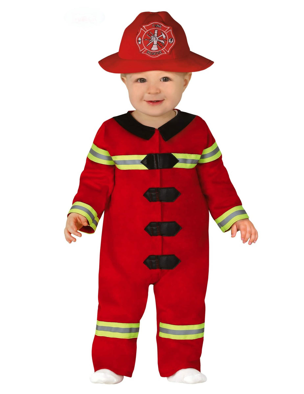 Kostuum van kleine brandweerman voor baby's rood met reflecterende banden en hoed