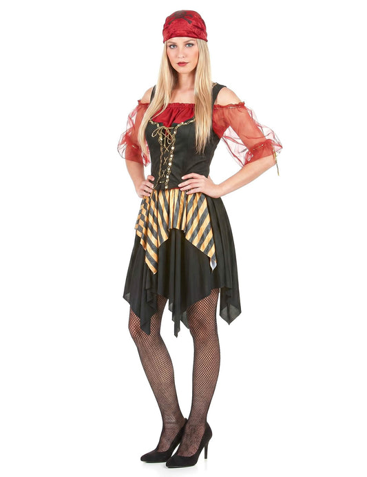 Zwart rood en goudkleurig piratenkostuum voor vrouwen