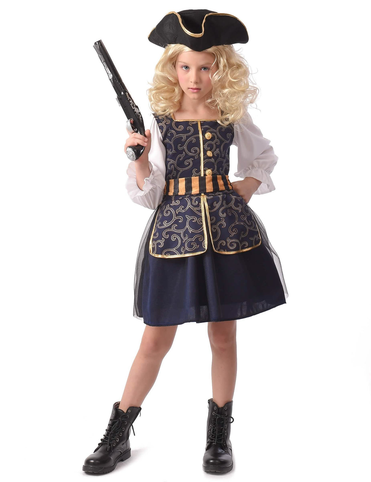 Piratenkostuum chic voor meisjes blauw en goud met tricorne