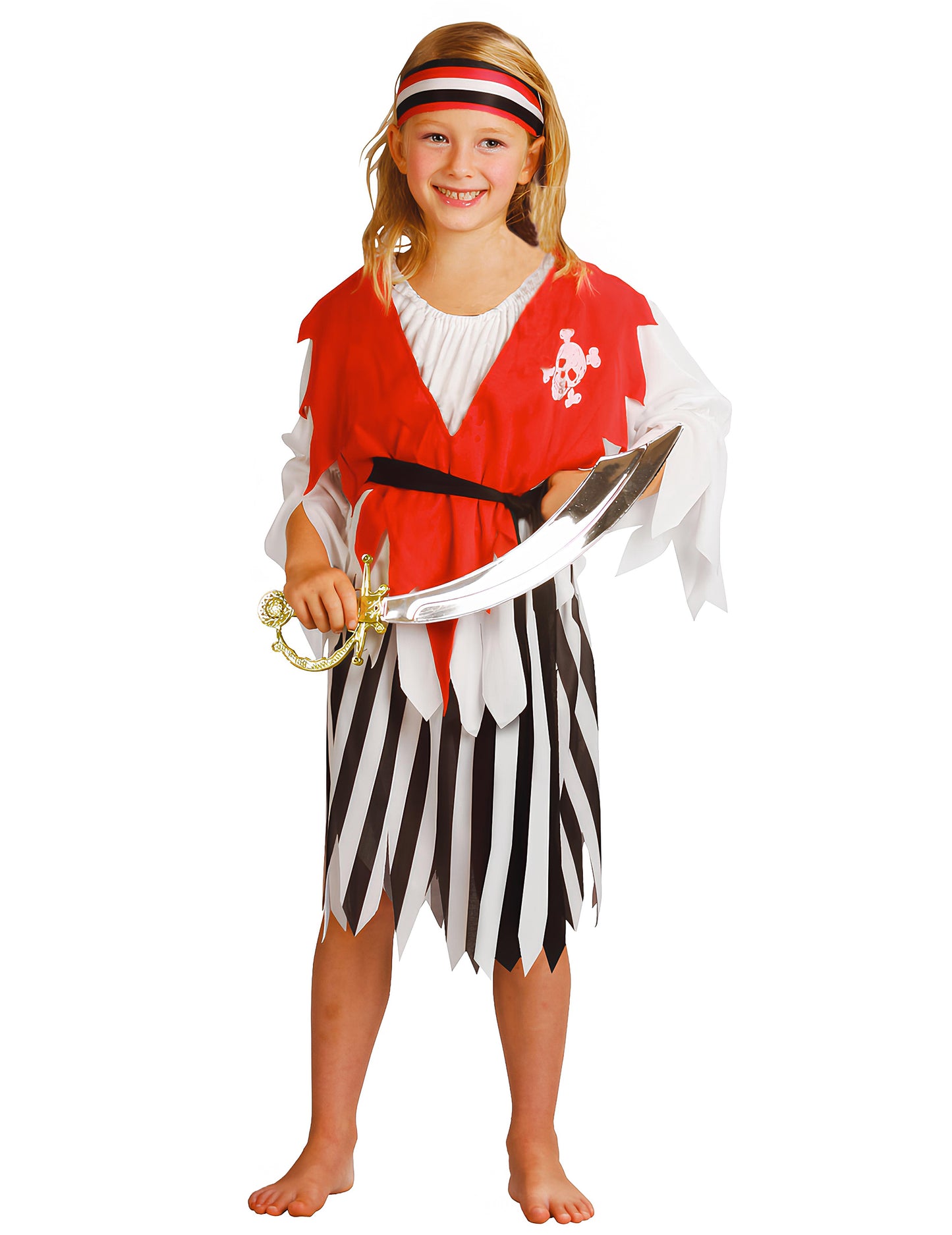 Déguisement pirate pour fille rouge et noir à rayures avec bandeau