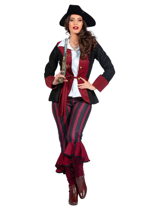 Luxe zwart en bordeaux piratenkostuum voor dames