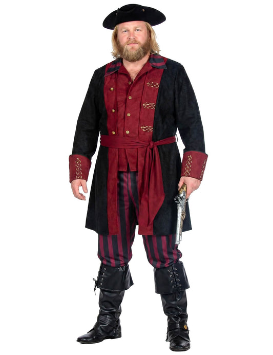 Luxe zwart en bordeaux piratenkostuum voor heren