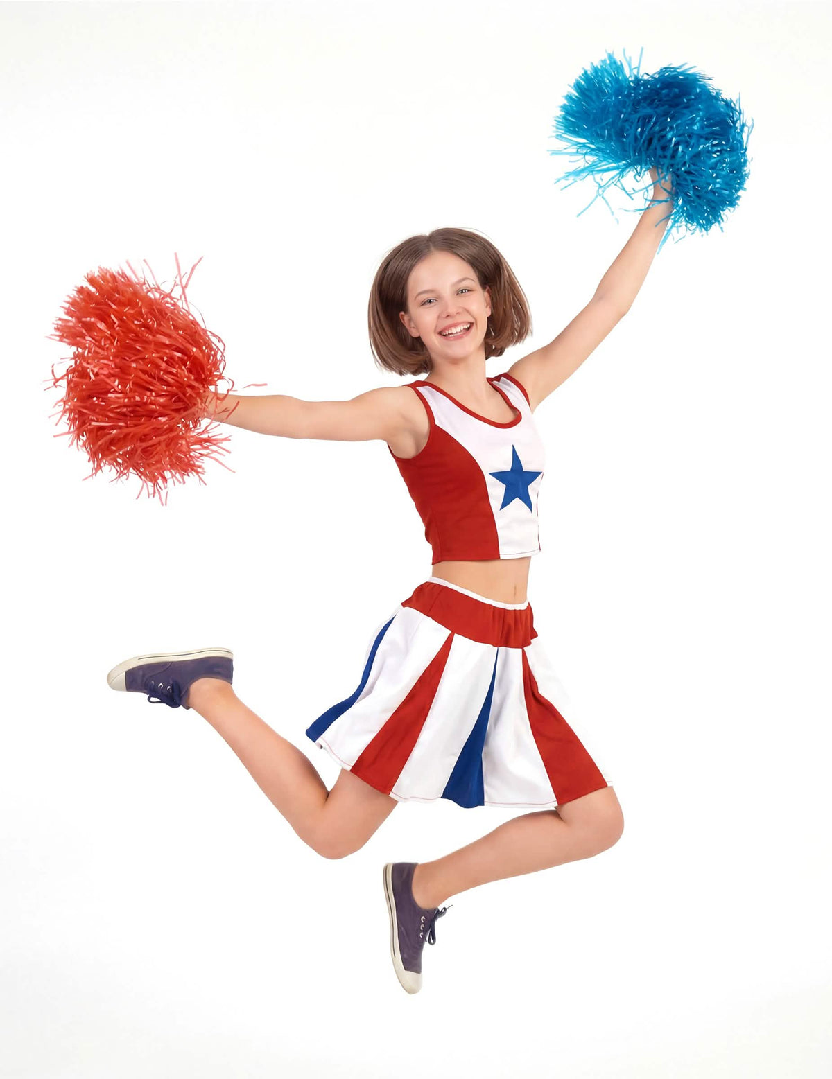 Vooraanzicht terwijl je springt in het ster cheerleaderkostuum