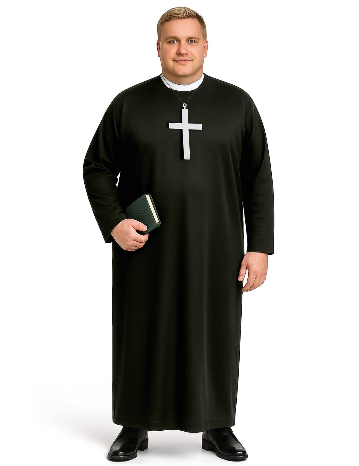 Déguisement de prêtre pour homme noir avec col blanc et grande croix
