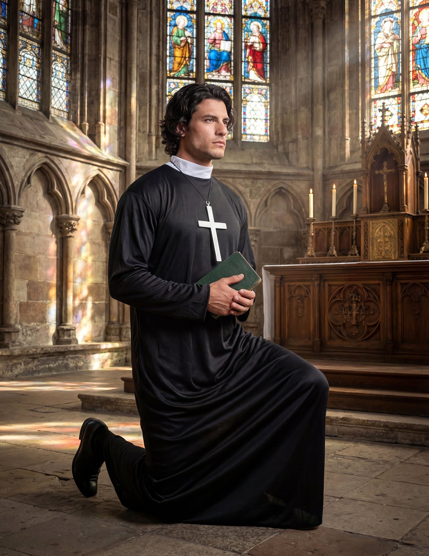 Vue de profil à genoux avec bible du déguisement de prêtre pour homme