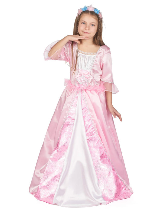 Vue de face du déguisement de princesse avec une couronne à fleurs pour fille