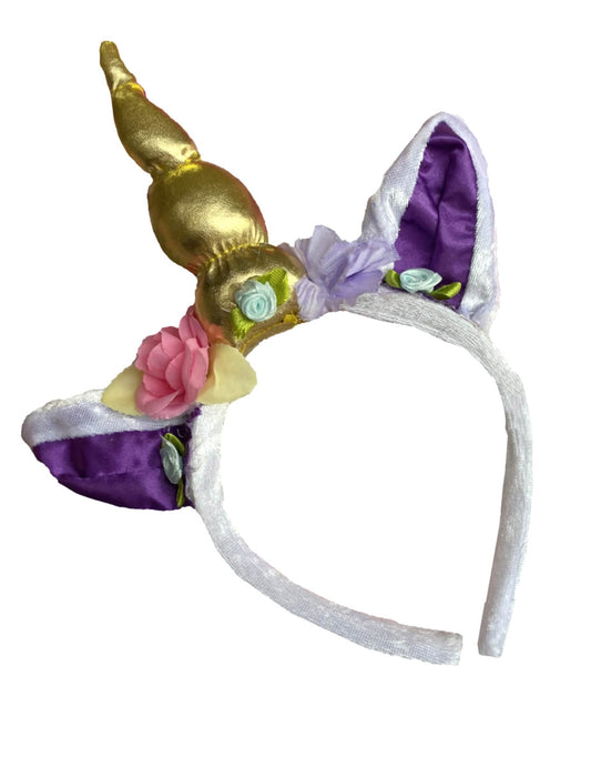 Serre-tête avec corne dorée et fleurs du déguisement Princesse Licorne lumineuse